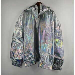 Choosy Size 18 Silver Iridescent Oversized Hooded Windbreaker Jacket NWT